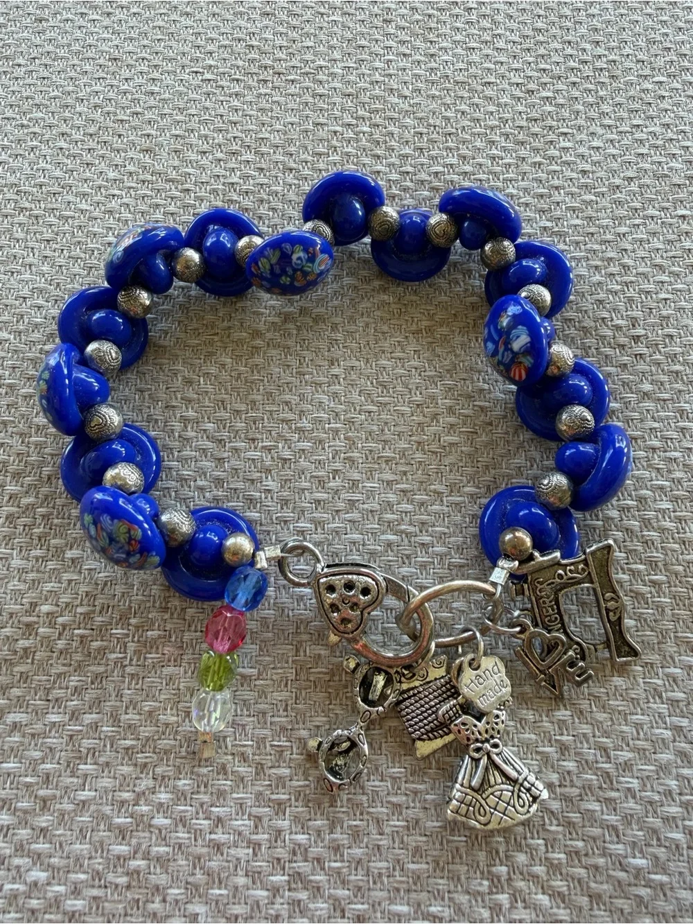 Multi Charm Beaded Vintage Buttons Bracelet Sewing Themed Charms